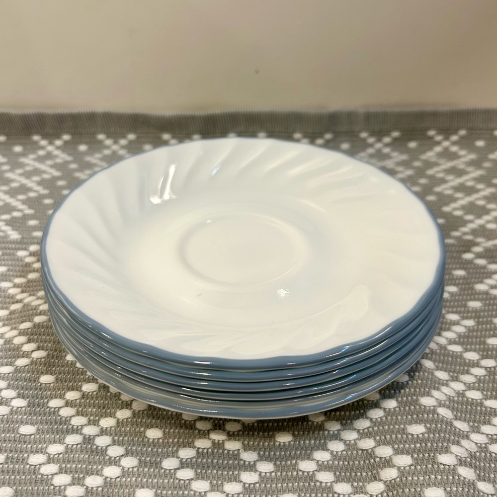Set of 6 CORELLE Gray Band White Swirled Saucer Plates - Break & Chip Resistant